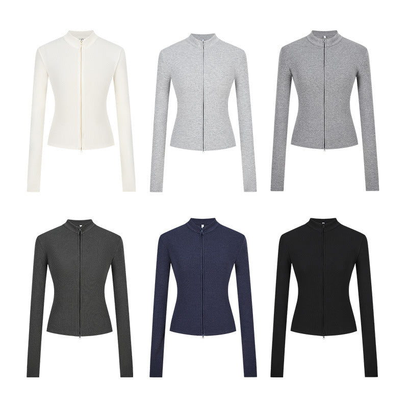 Stand-up Collar Slim-fit Waist-cinching Cardigan Top