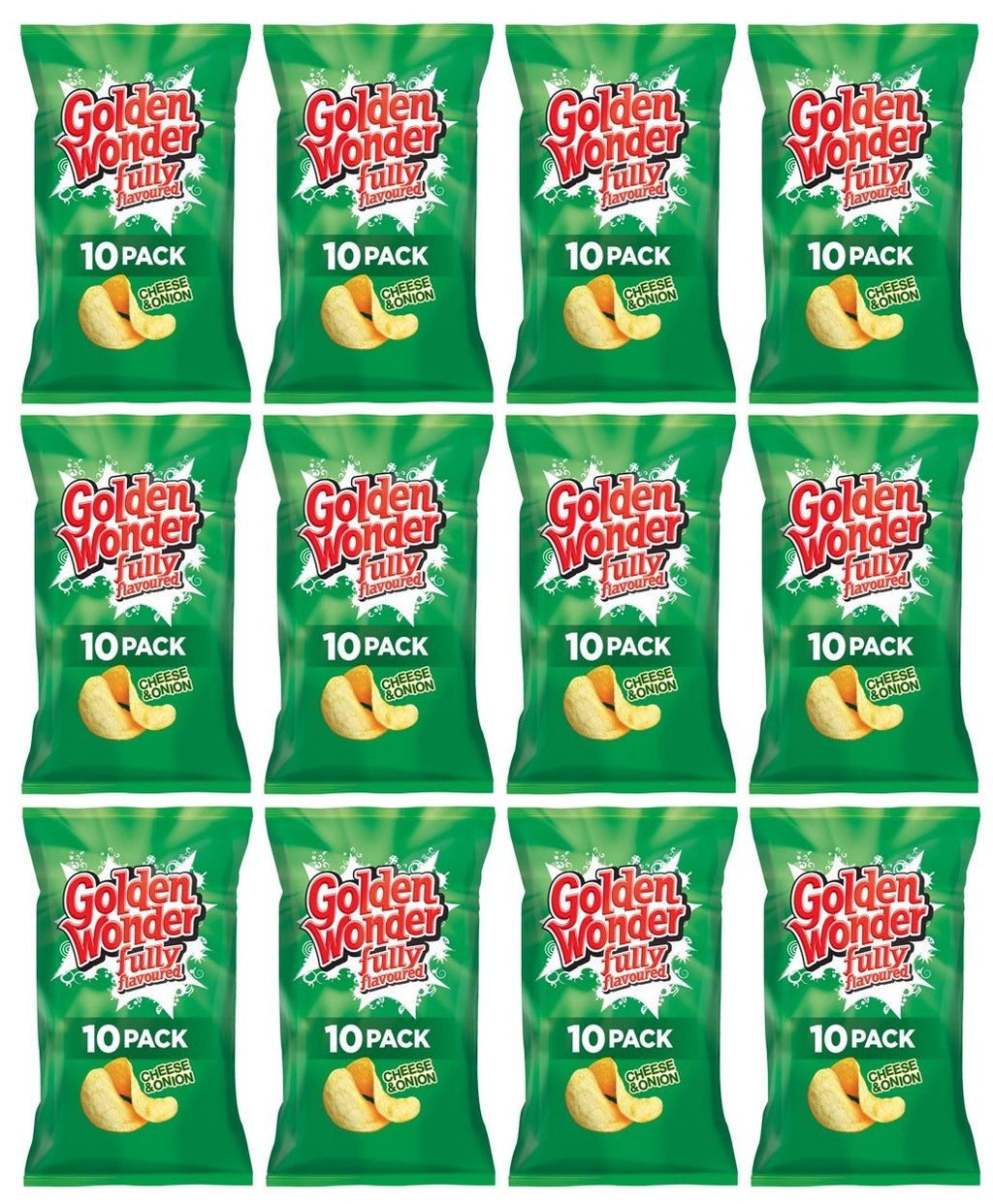 12 X Golden Wonder 10pk Cheese & Onion Crisps 10X25GM