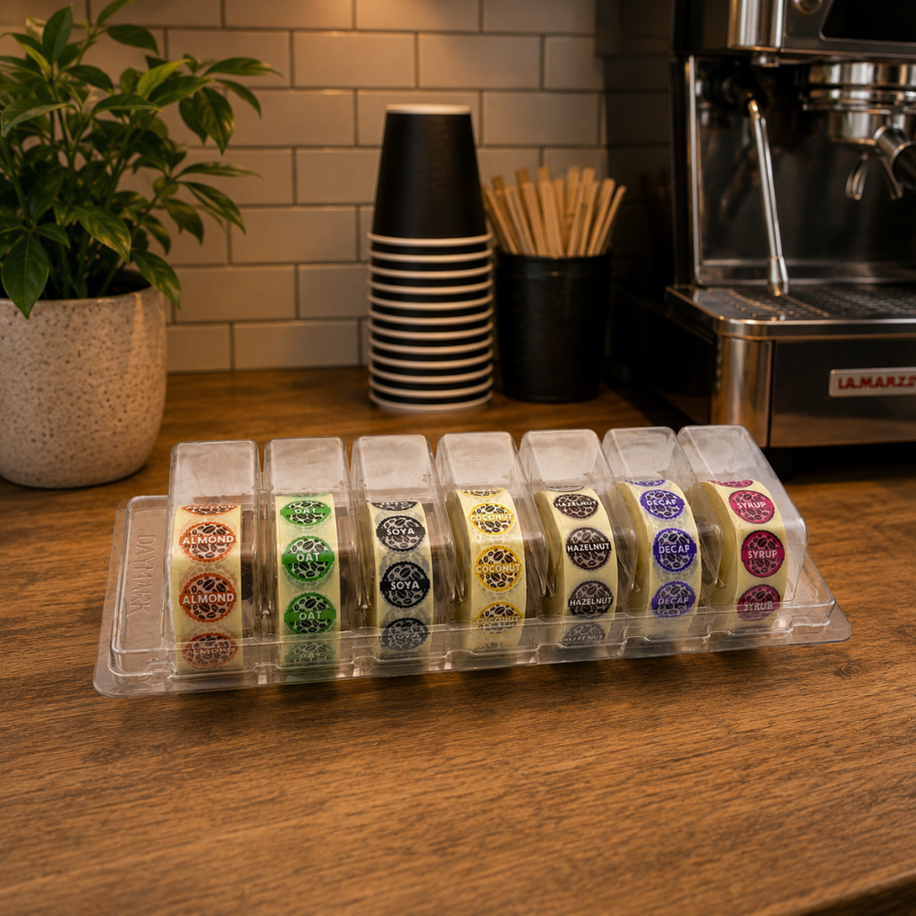 Coffee Shop Barista Labels set of 7x1000, Options from: Almond, Soya, Oat, Coconut, Hazelnut, Decaf, Milk (Dairy), Syrup, Skimmed, semi skimmed & Whole Milk