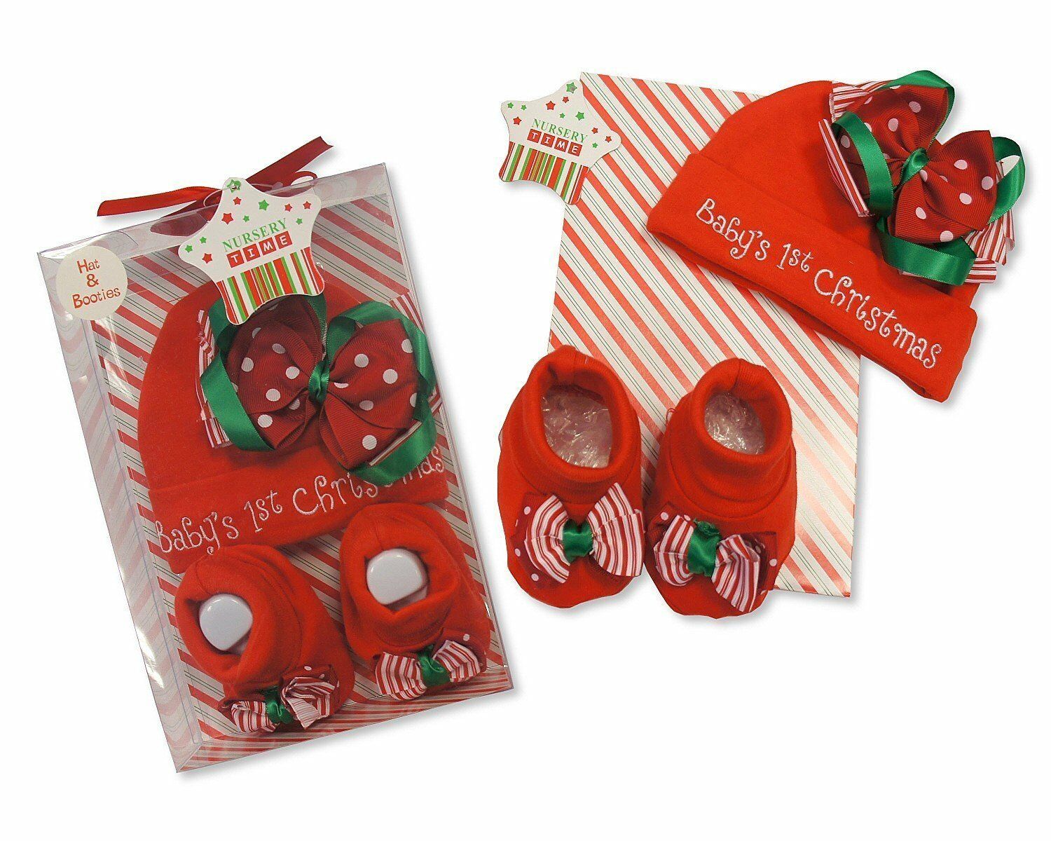 Baby's First Christmas 2 Piece Hat and Booties Set Gift Boxed