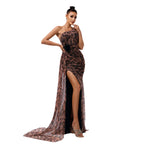 One-shoulder Diagonal Collar Leopard Sequined Evening Dress