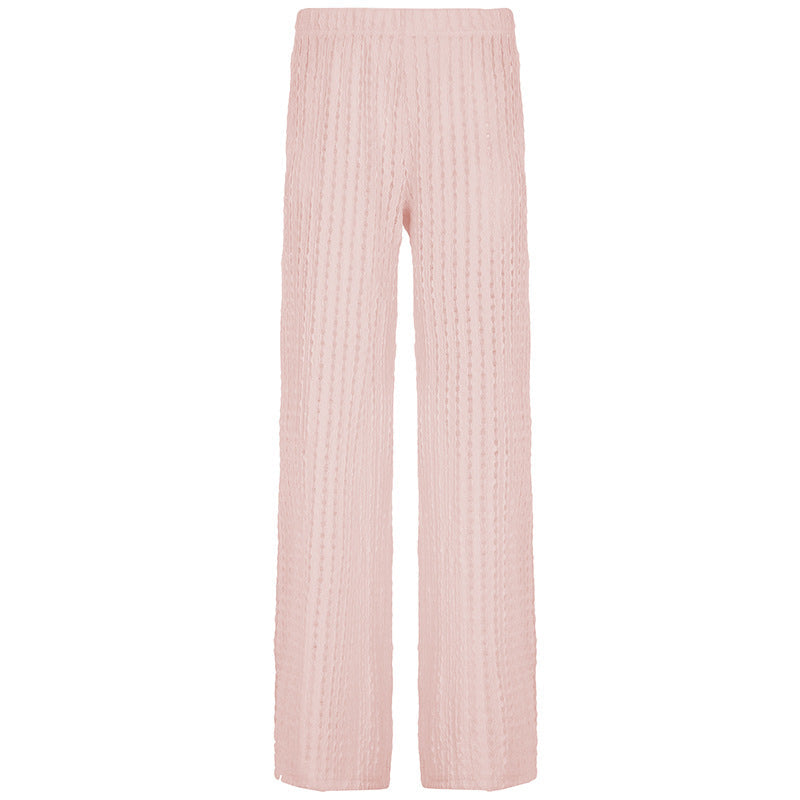 Resort-style Textured Hollow-out Loose-fitting Solid-color Casual Pants