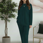 Women's Fashion Casual Solid-Color Crew-Neck Top And Pants Two-Piece Set