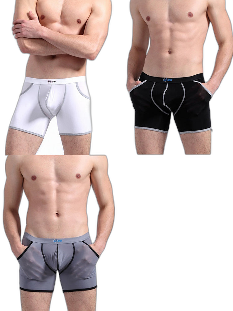 3 Pack Men's Long Leg Boxer Briefs Made of Ultra-Thin Ice Silk with Anti-Wear Elastic