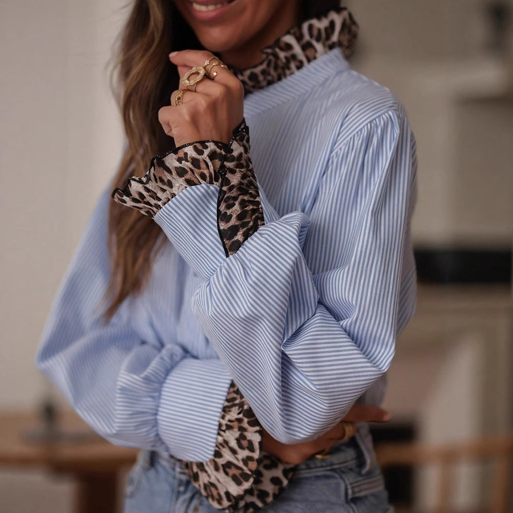 Women's Elegant Casual Striped Leopard-Print Patchwork Blouse
