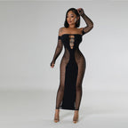 Solid Color Off-neck Sleeve Hollow Sexy Slim Fit One-piece Knitted Sheath Dress