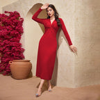 French-style Elegant Dress For Autumn And Winter VneckFigurehugging Slimming Red Midi Skirt