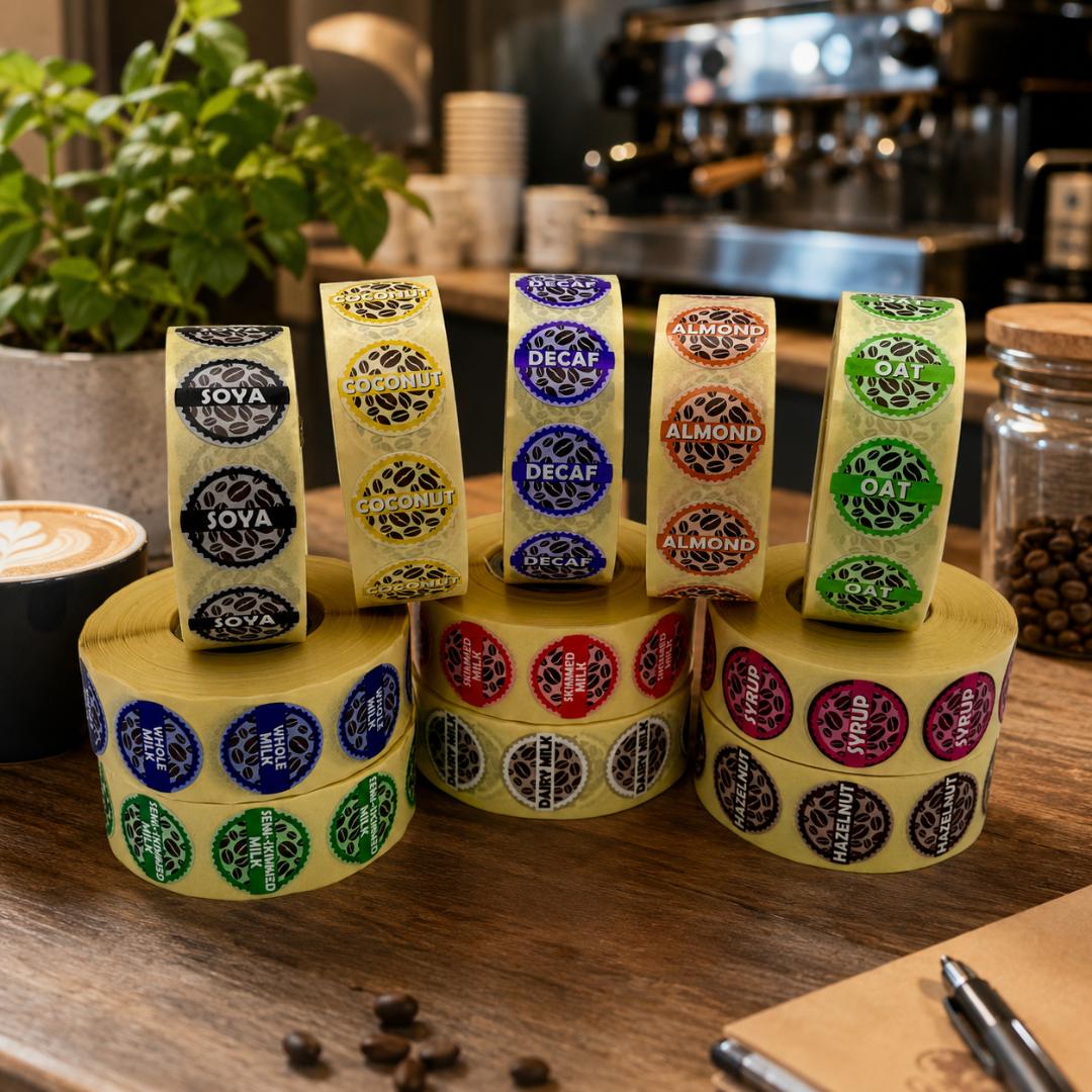 Coffee Shop Barista Labels set of 7x1000, Options from: Almond, Soya, Oat, Coconut, Hazelnut, Decaf, Milk (Dairy), Syrup, Skimmed, semi skimmed & Whole Milk