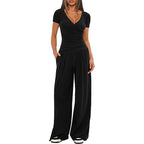 2 Pieces Women's V Neck Short-sleeve Sportswear Top And Wide-leg Pants Set Casual Comfortable Outfit Set For Daily Wear Gym Sports Outfit
