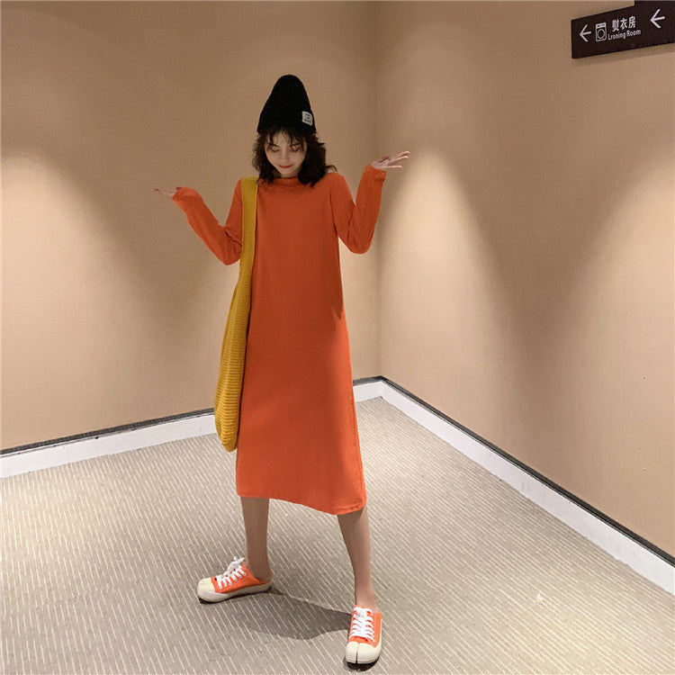 Loose-fitting Figure-flattering Long-sleeved Straight-cut Solid-color Dress