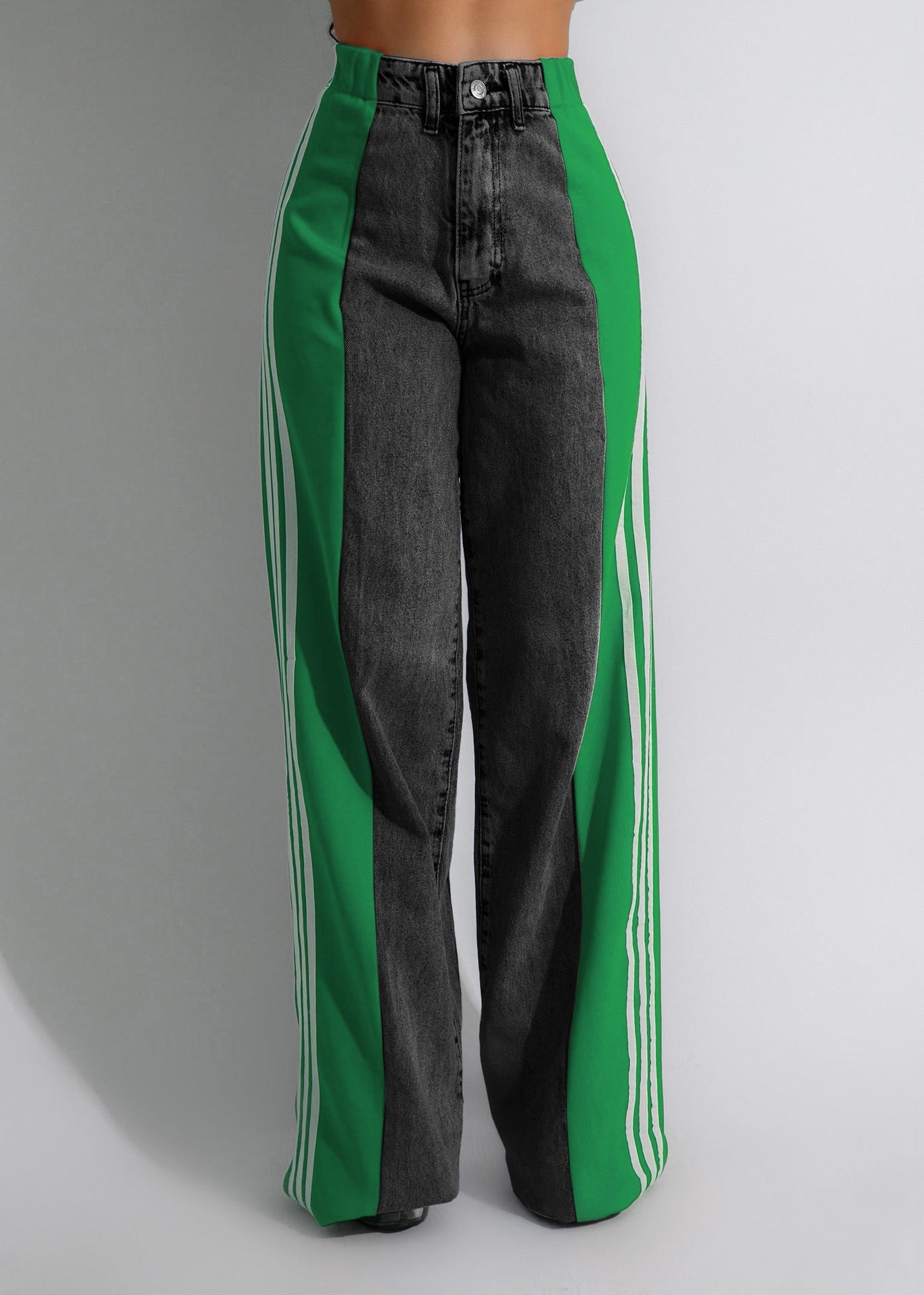 Fashion Casual High Waist Elastic Straight Leg Trousers Three Stripe Patchwork Denim Wide Leg Pants Streetwear