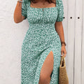 Elegant Plus Size Floral Midi Dress with Tie Waist and Side Slit - Off-Shoulder, Short Sleeve, A-Line Silhouette for Summer, Plus Size