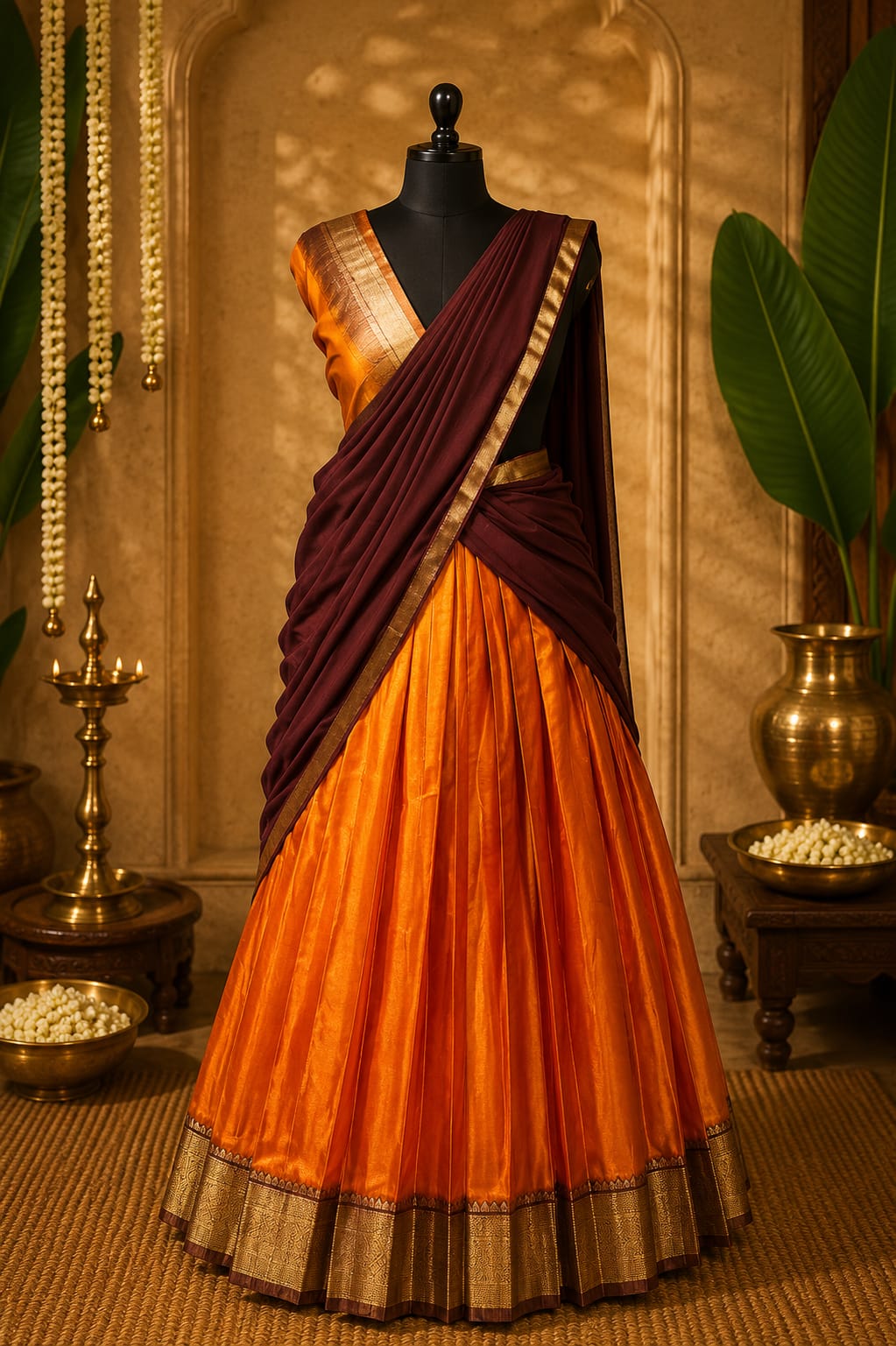 Burnt Orange Silk Half Saree Lehenga Set | Deep Maroon Dupatta | Gold Zari Border | Unstitched Blouse | One Size | Made in Kerala