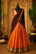 Burnt Orange Silk Half Saree Lehenga Set | Deep Maroon Dupatta | Gold Zari Border | Unstitched Blouse | One Size | Made in Kerala