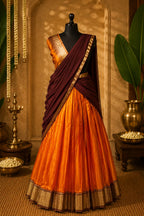 Burnt Orange Silk Half Saree Lehenga Set | Deep Maroon Dupatta | Gold Zari Border | Unstitched Blouse | One Size | Made in Kerala