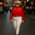 Polo Neck Lace Neckline Long Sleeve Top