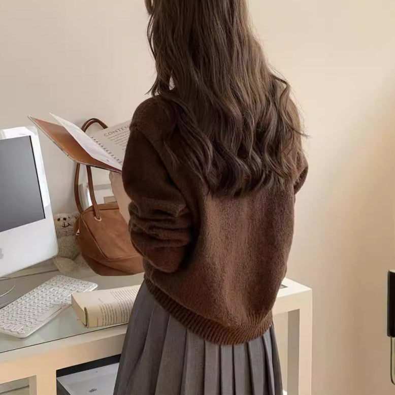 Round-neck Pullover Black Sweater With Bow Detailloose-fitting Comfy Knit Top