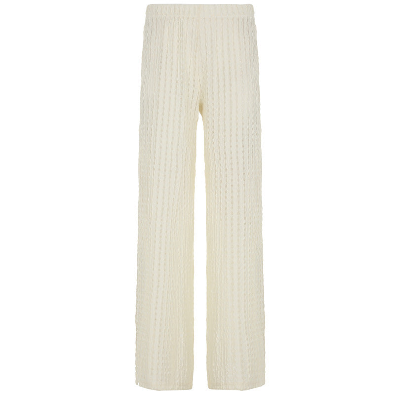 Resort-style Textured Hollow-out Loose-fitting Solid-color Casual Pants