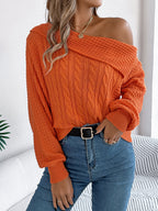 Women Casual Sexy Lapel Off-Shoulder Cable Knit Long Sleeve Pullover Sweater