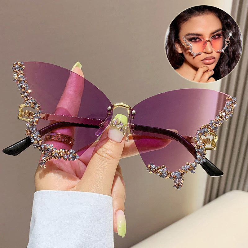 Luxus Diamant Schmetterling Sonnenbrille Damen Marke Y2K Vintage Randlose Oversized Sonnenbrille Damen Brillen Shades