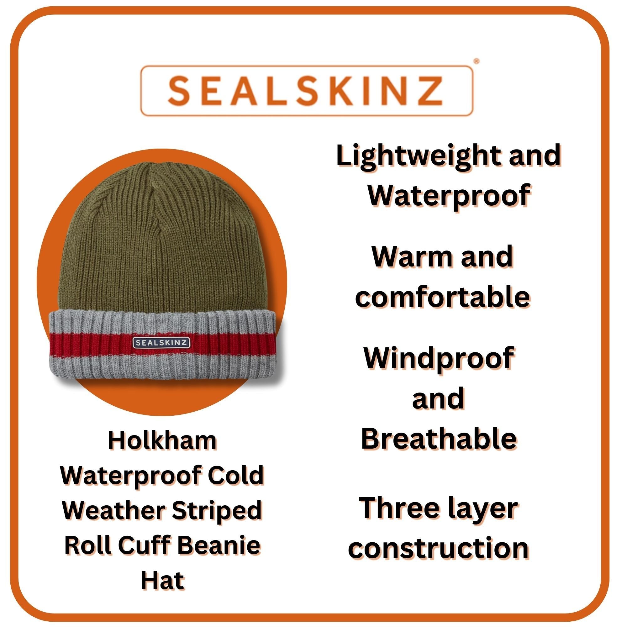 Mens & Ladies Waterproof Cold Weather Striped Roll Cuff Beanie Hat