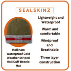 Mens & Ladies Waterproof Cold Weather Striped Roll Cuff Beanie Hat