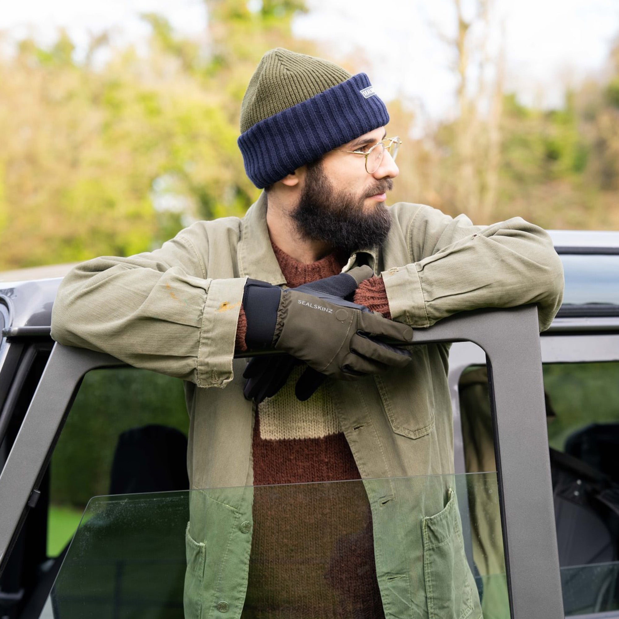 Mens Waterproof Thermal Roll Cuff Striped Beanie Hat
