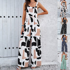Fashion Print Square Neck Jumpsuit With Pockets Spring Summer Casual Loose Overalls Womens Clothing