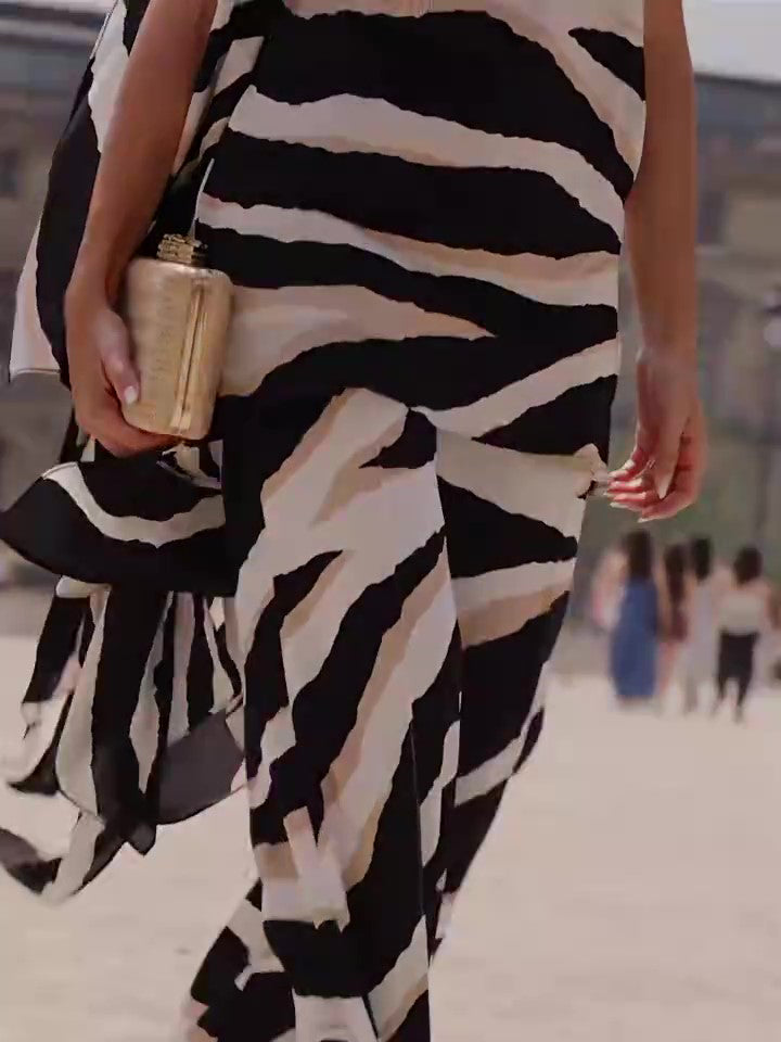 Zebra Print One Shoulder Top Irregular Hem Wide Leg Pants Suit