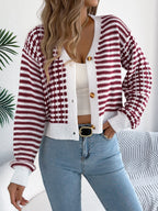 Women Color Block Stripe Lantern Sleeve Short Cardigan Sweater