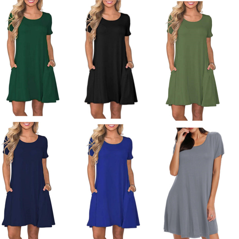 New Women's Round-neck Solid-color Casual Short-sleeve Swing Dress With Pockets
