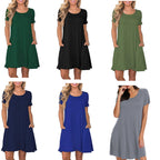 New Women's Round-neck Solid-color Casual Short-sleeve Swing Dress With Pockets