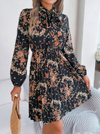 Women's Elegant Floral Tie-Waist Long Sleeve Pleated Maxi Dress
