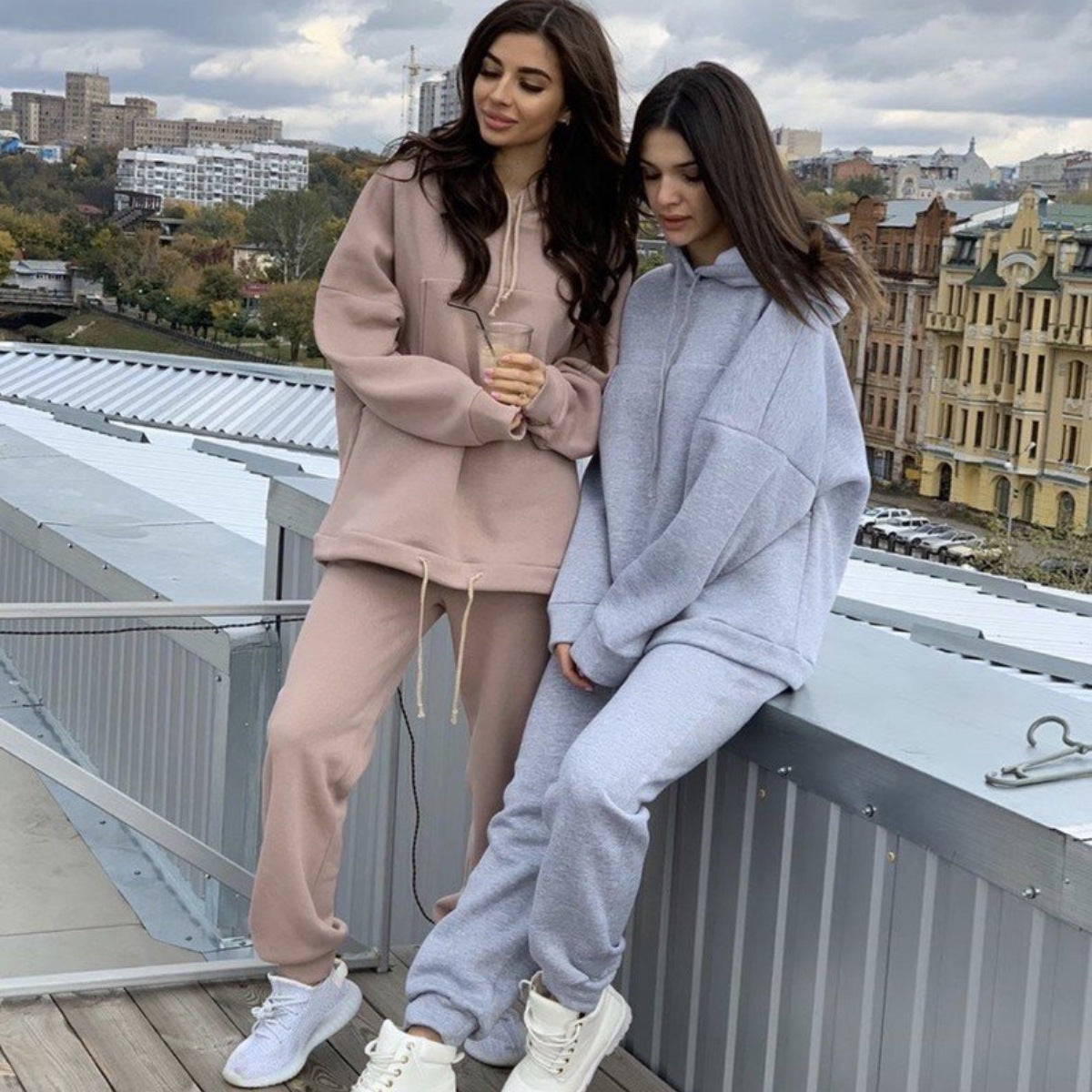 Two-piece solid color sweater with large pockets