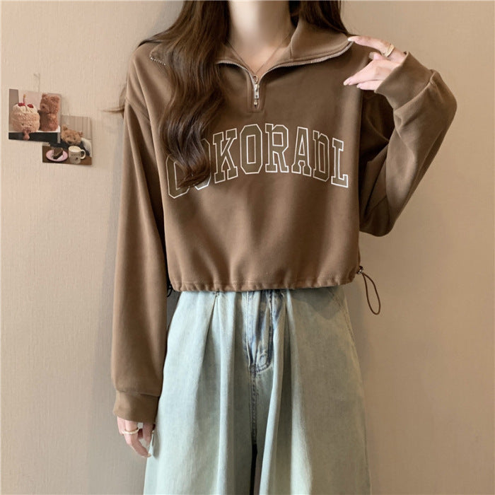 Drawstring Hem POLO Neck Sweatshirt Womens Loose Petite Short Half-Zip Top