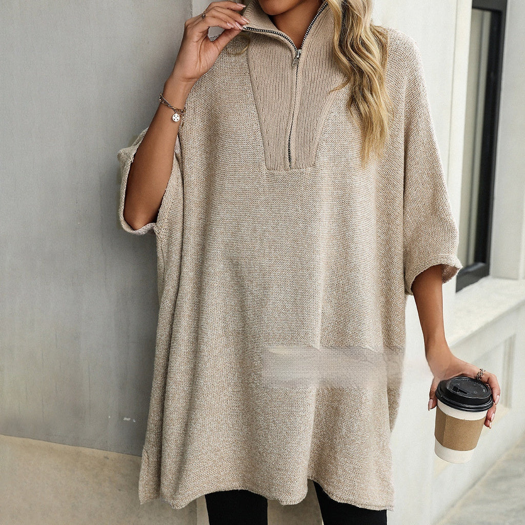 Women's Fashionable Mid-length Zipper And Lapel Sweater