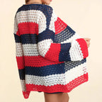Long-sleeved Knitted Hollow-out Contrast-color Sweater Jacket