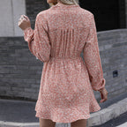Lace V-Neck Floral Long Sleeve Mid-Length Dress Women