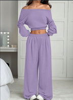 Women's Fashion Slim-fit Off-the-shoulder Navel Solid Color Casual Pants Suit