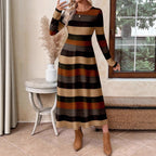 Women's Casual Crew-Neck Colorblock Striped Maxi Dress