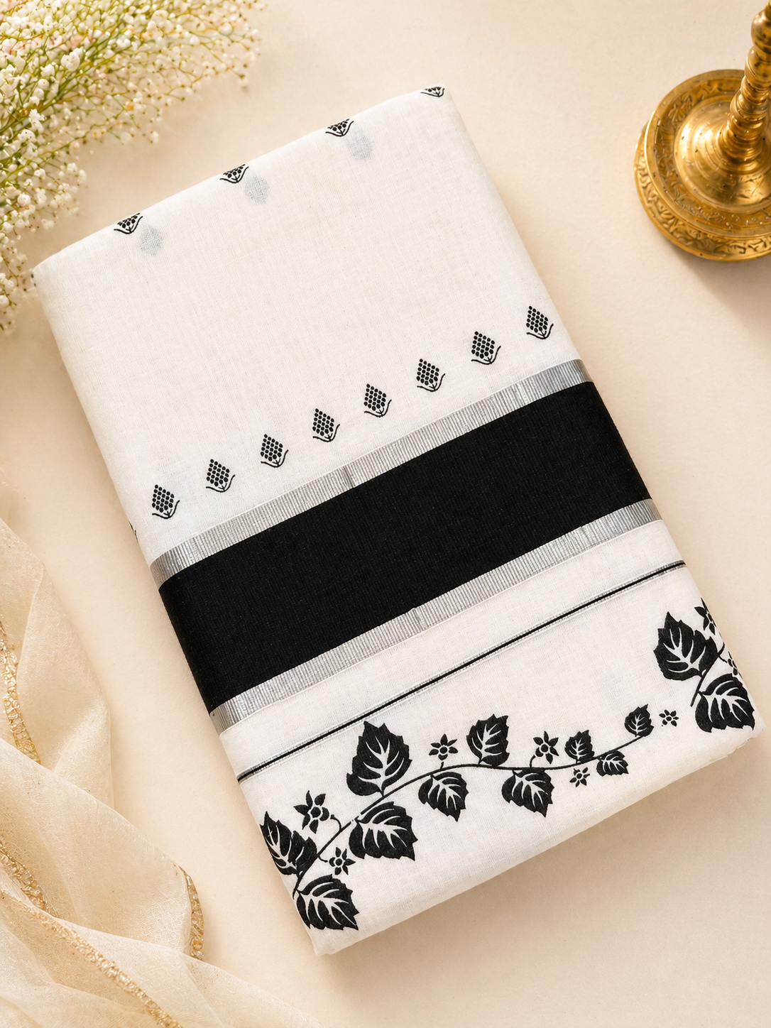 Contemporary Kerala Kasavu Saree – Off-White with Black Border & Floral Design