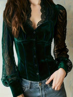 Women's French-style Black Velvet And Lace Patchwork Top