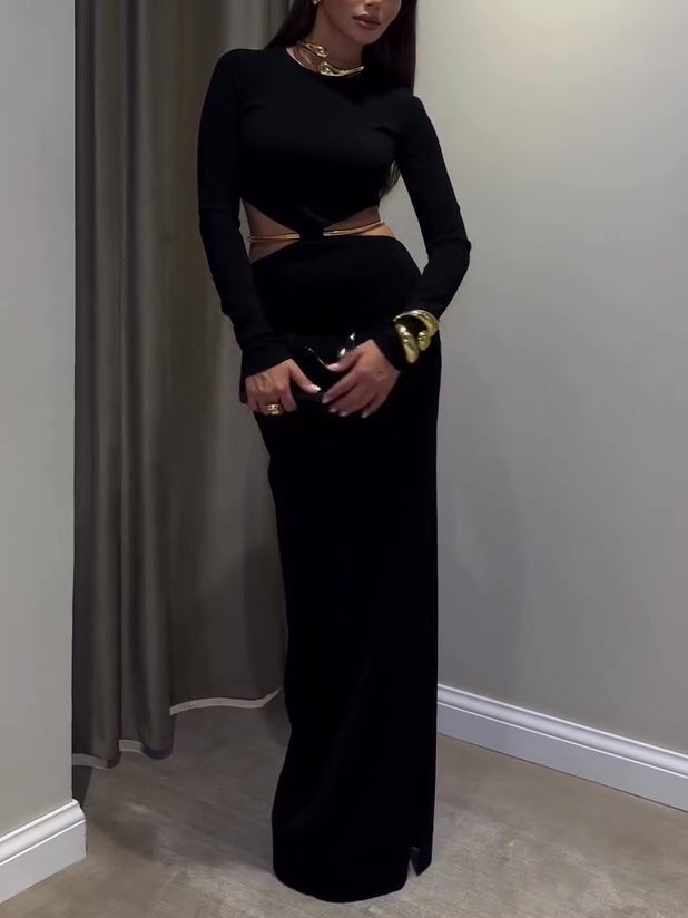 Black Cutout Waist Long-Sleeve Maxi Dress-Includes Waist Chain