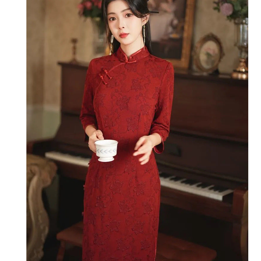 Dark Burgundy Cheongsam Youthful New Chinese-style Elegant Long Dress