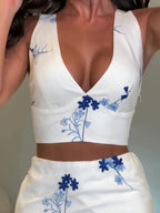 Floral V-neck Vest & Skirt Set