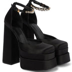 Super High Heel Platform Thick Heel Hollow Square Toe Satin Hate Sky High Baotou Plus Size Catwalk Sandals High Heels