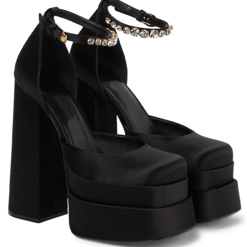 Super High Heel Platform Thick Heel Hollow Square Toe Satin Hate Sky High Baotou Plus Size Catwalk Sandals High Heels