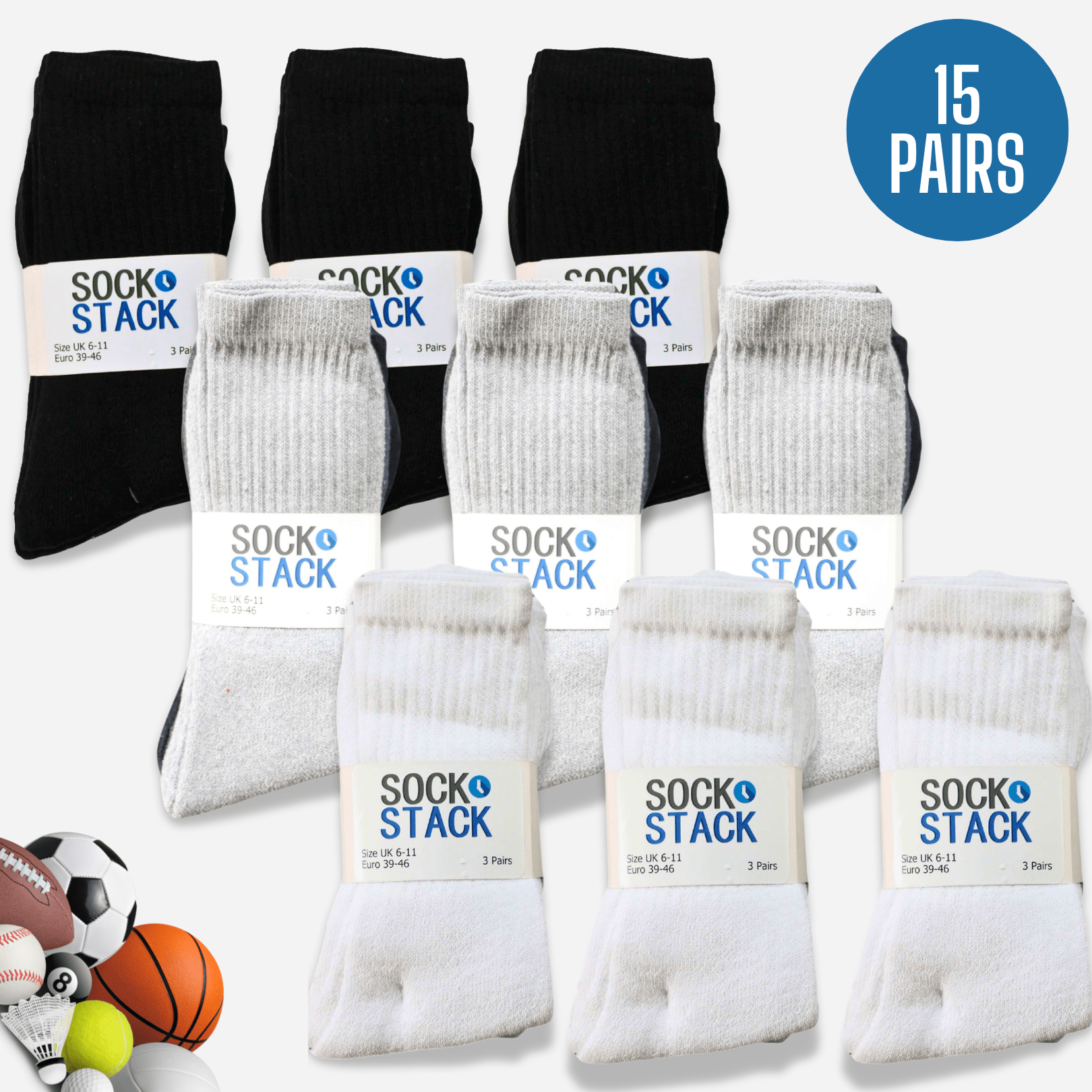 Sock Stack Mens Cotton Rich Performance Sport Socks 15 Pairs UK 6 To 11 Black Grey White Cushioned Anti Blister Moisture Wicking Breathable
