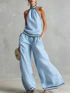 Womens Striped Patchwork Halterneck Sleeveless Wide-Leg Pants Set