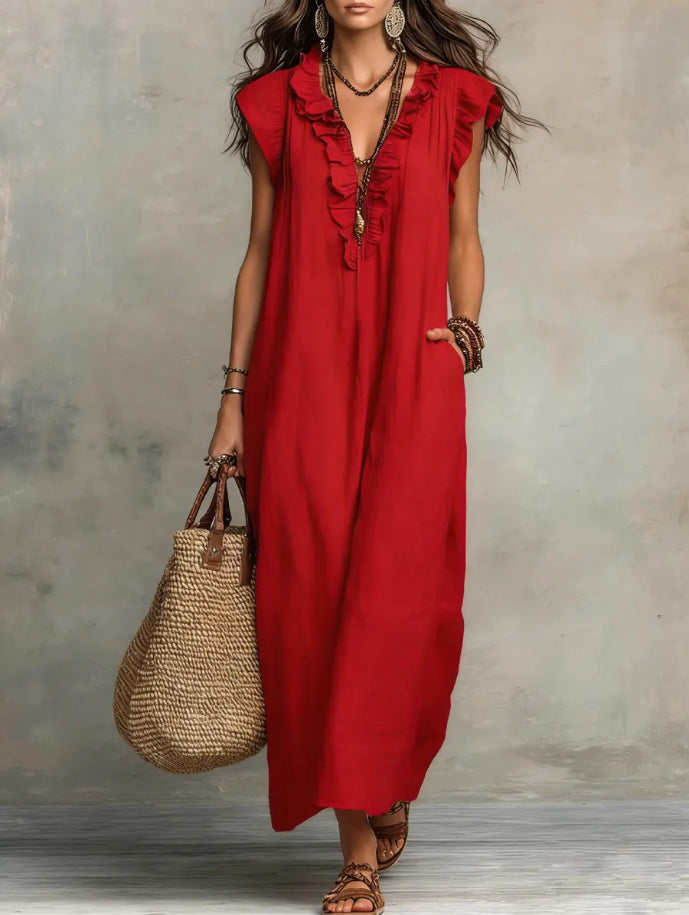 Summer Ruffle Dress With Pockets Women's Spring Elegant Casual Sleeveless A-Line Shift Dresses
